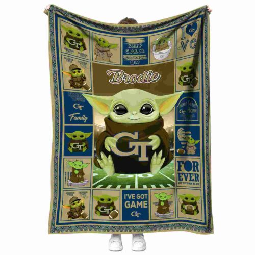 custom georgia tech yellow jackets baby yoda gold blanket best selling