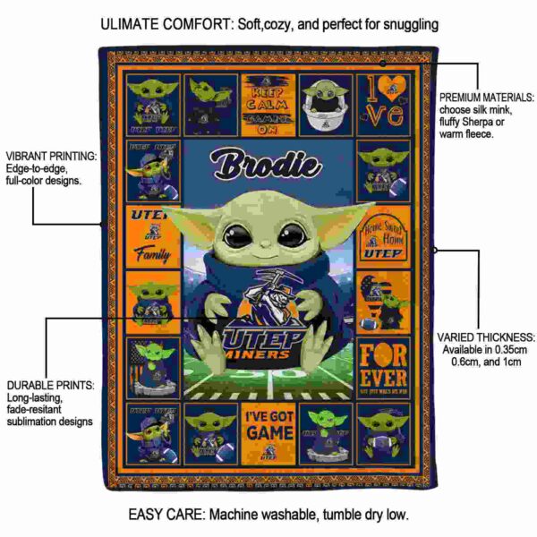 custom utep miners baby yoda blue blanket new arrival