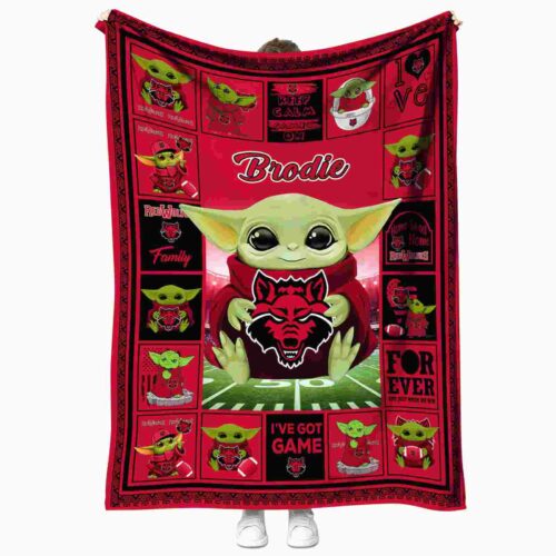 customized arkansas state red wolves baby yoda scarlet blanket best selling