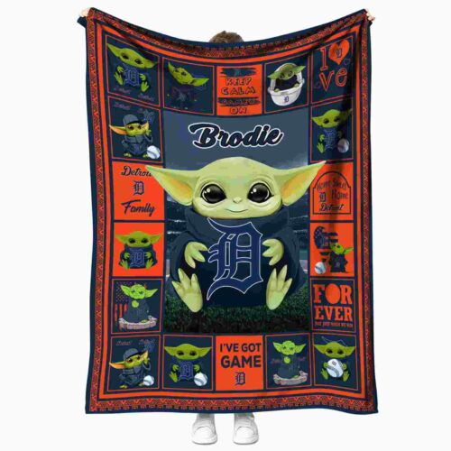 customized detroit tigers baby yoda navy blanket best selling