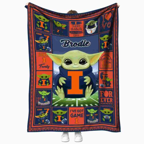 customized illinois fighting illini baby yoda blue blanket best selling