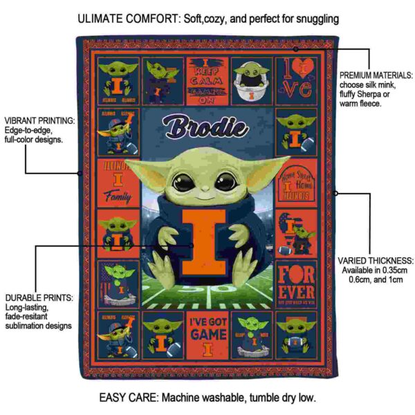 customized illinois fighting illini baby yoda blue blanket new arrival