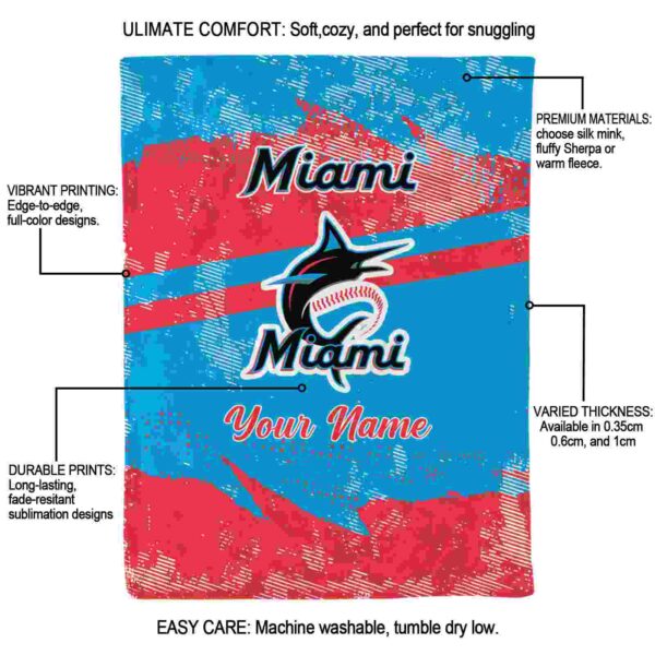 customized miami marlins grunge streaks blue blanket new arrival