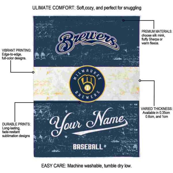 customized milwaukee brewers grunge texture navy blue white blanket new arrival