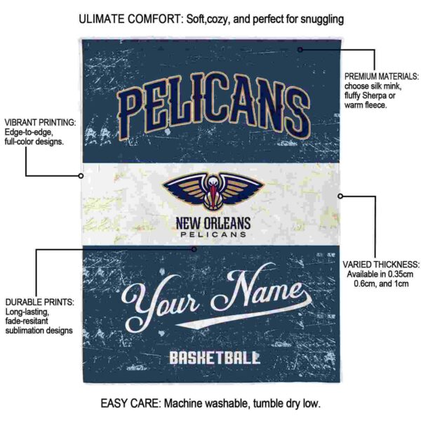 customized new orleans pelicans grunge texture navy white blanket new arrival