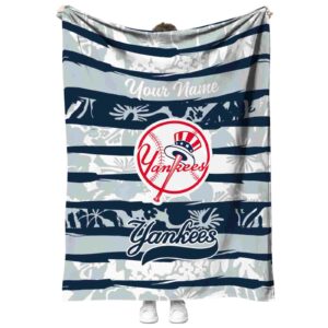 customized new york yankees floral stripes navy white blanket best selling