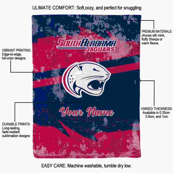 customized south alabama jaguars grunge streaks blue blanket new arrival