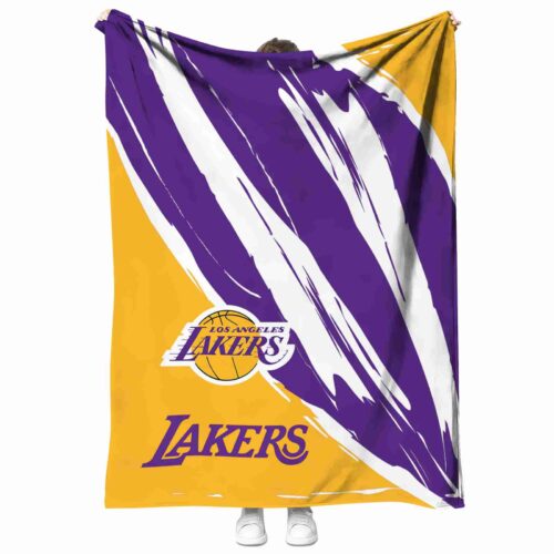 los angeles lakers brushstrokes purple white blanket best selling