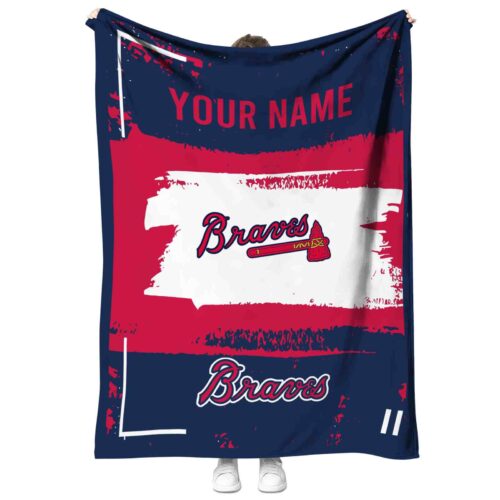personalized atlanta braves paint strokes navy white blanket best selling