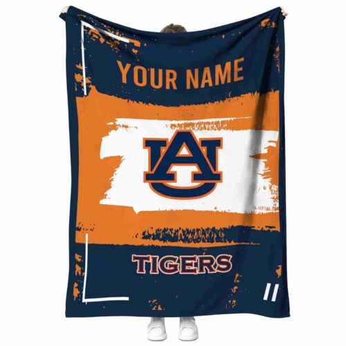 personalized auburn tigers paint strokes navy blue white blanket best selling