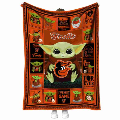 personalized baltimore orioles baby yoda orange blanket best selling