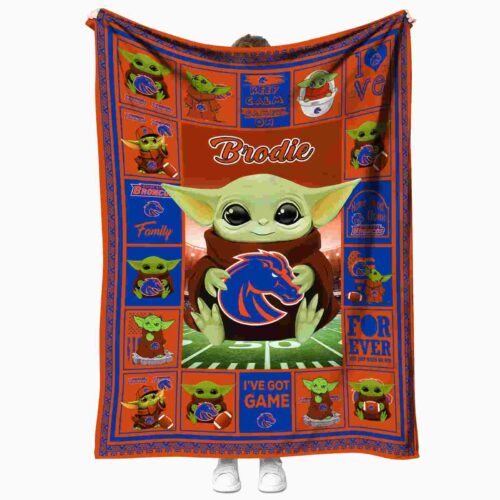 personalized boise state broncos baby yoda orange blanket best selling