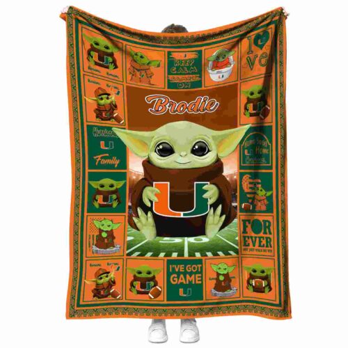 personalized miami hurricanes baby yoda orange blanket best selling