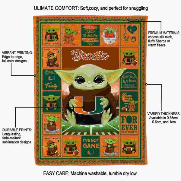 personalized miami hurricanes baby yoda orange blanket new arrival