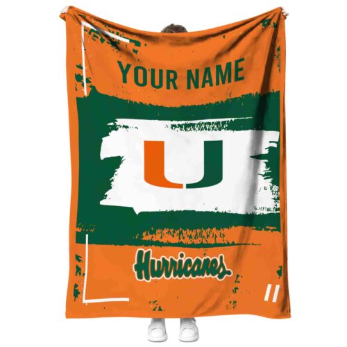 personalized miami hurricanes paint strokes orange white blanket best selling