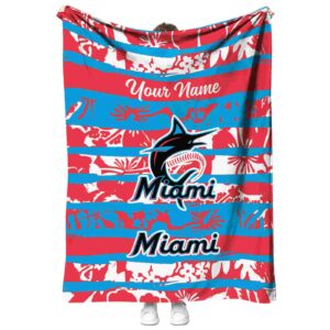 personalized miami marlins floral stripes blue white blanket best selling