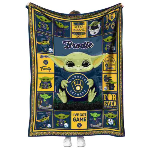 personalized milwaukee brewers baby yoda navy blue blanket best selling
