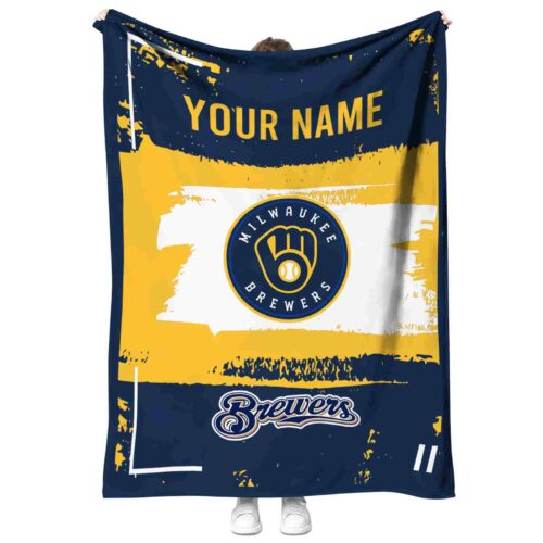 personalized milwaukee brewers paint strokes navy blue white blanket best selling