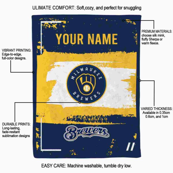 personalized milwaukee brewers paint strokes navy blue white blanket new arrival