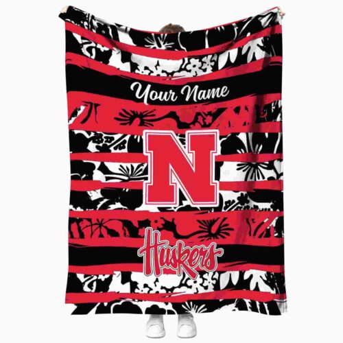 personalized nebraska cornhuskers floral stripes red white blanket best selling