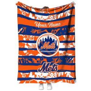 personalized new york mets floral stripes blue white blanket best selling
