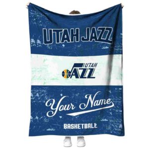 personalized utah jazz grunge texture navy white blanket best selling