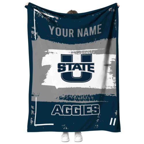 personalized utah state aggies paint strokes navy white blanket best selling