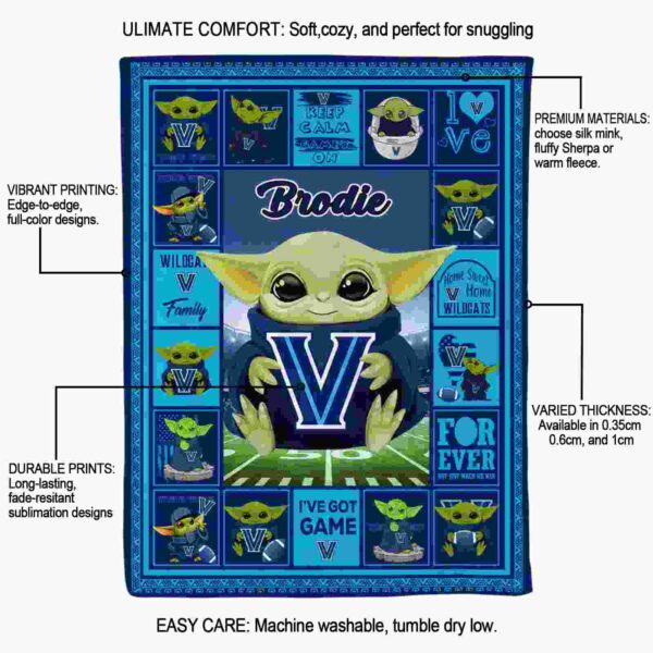 personalized villanova wildcats baby yoda navy blanket new arrival