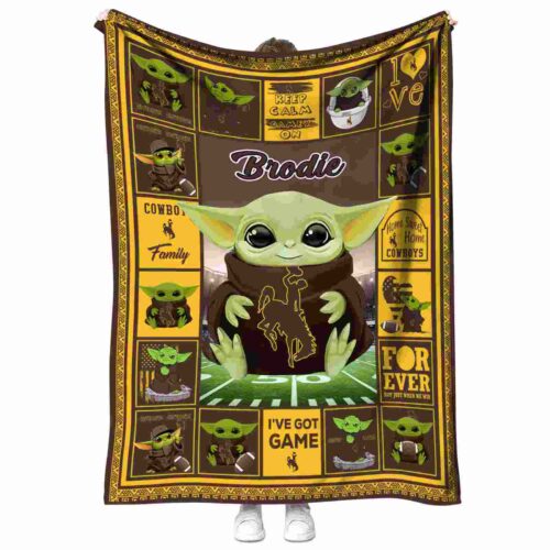 personalized wyoming cowboys baby yoda brown blanket best selling
