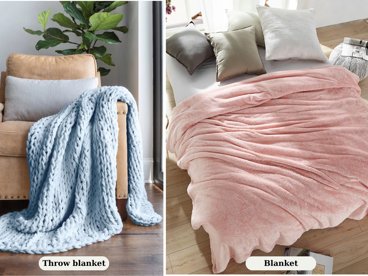 Throws are used for decoration and extra warmth, while blankets provide full coverage and primary warmth