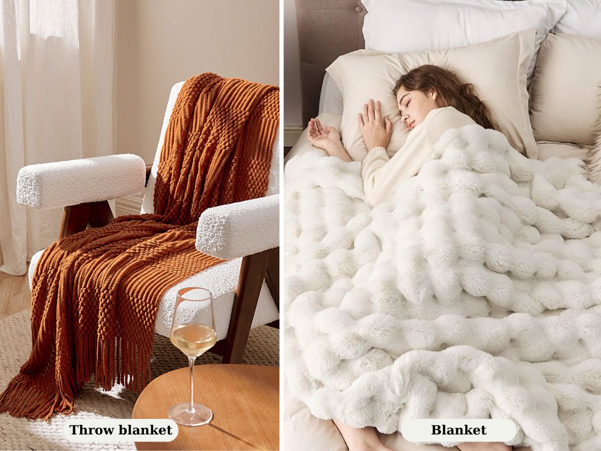 Throws add style and light warmth, while blankets offer full coverage and cozy warmth for sleep