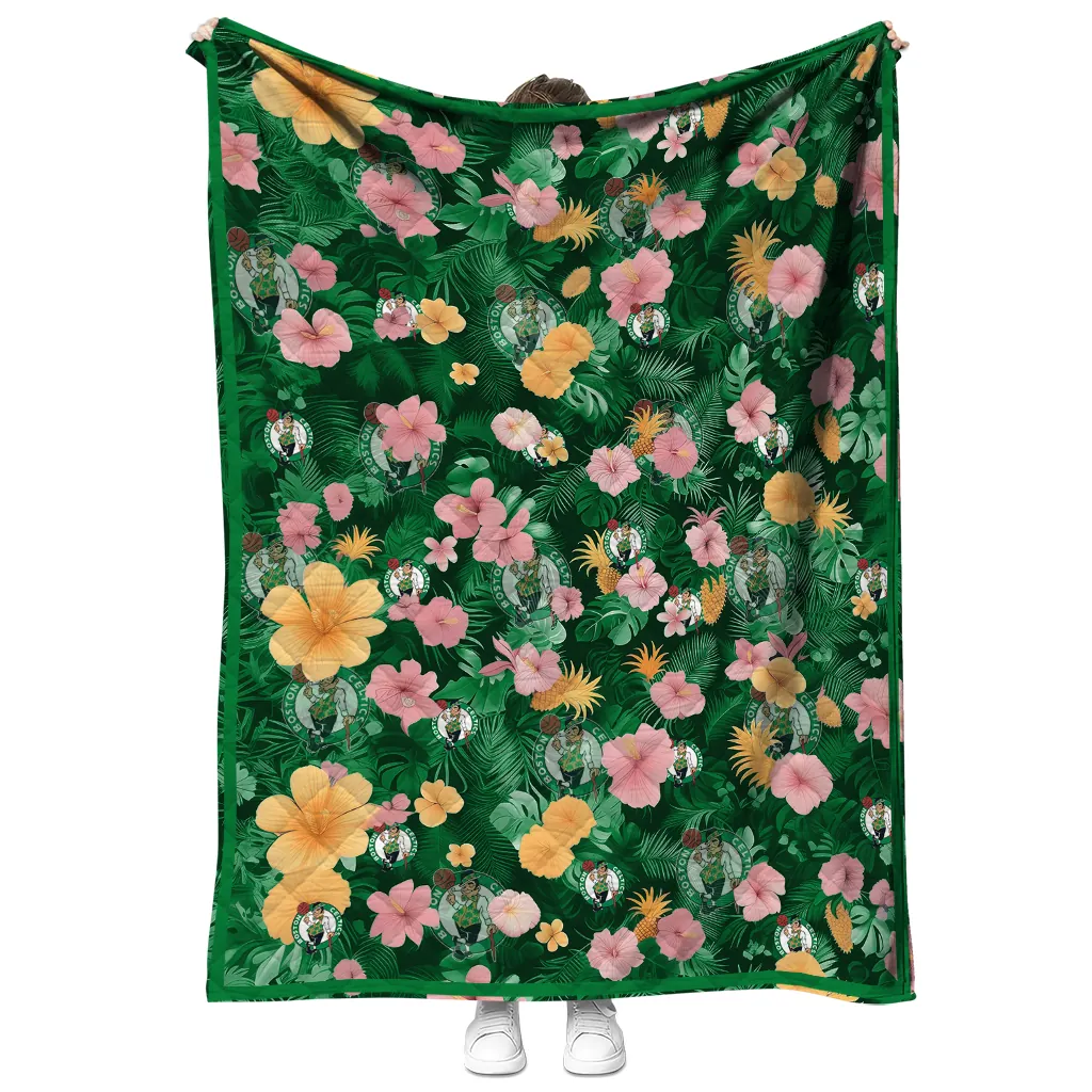boston celtics hibiscus foliage green quilt blanket fashion forward