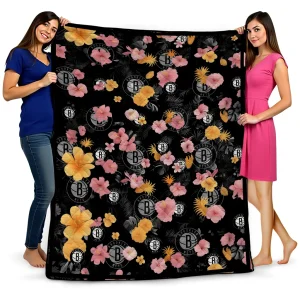 brooklyn nets hibiscus foliage black quilt blanket best selling