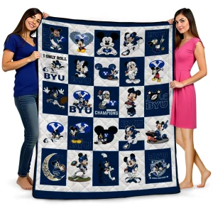 byu cougars mickey mouse motif blue white quilt blanket best selling