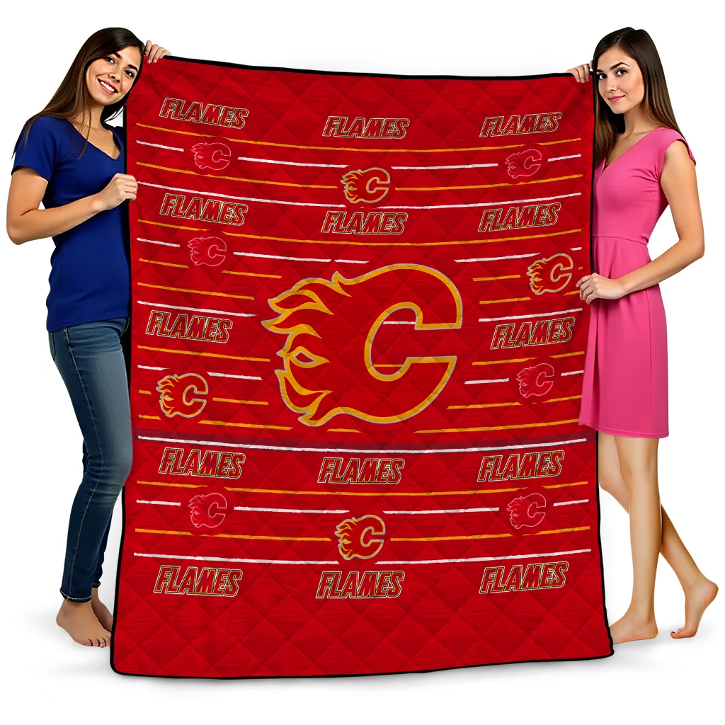 calgary flames handdrawn stripes red quilt blanket best selling
