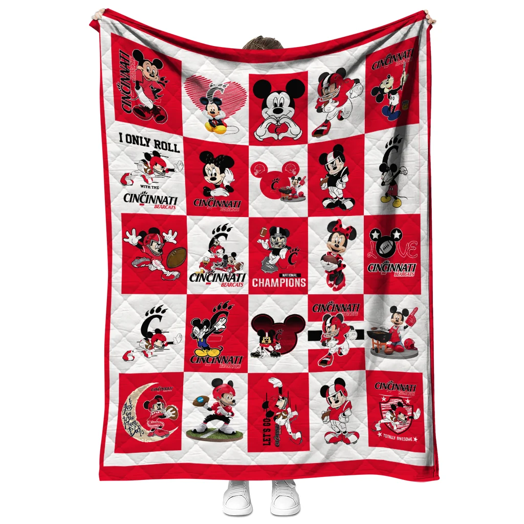 cincinnati bearcats mickey mouse motif red white quilt blanket fashion forward
