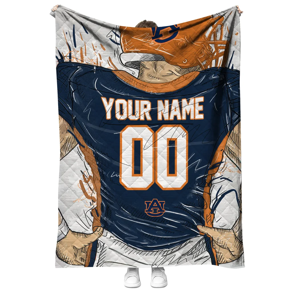 custom auburn tigers player sketch navy blue gray quilt blanket fashion forward
