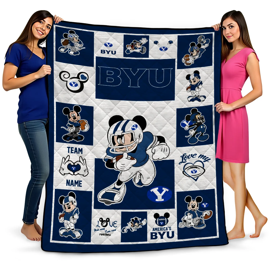custom byu cougars mickey crimson blue white quilt blanket best selling