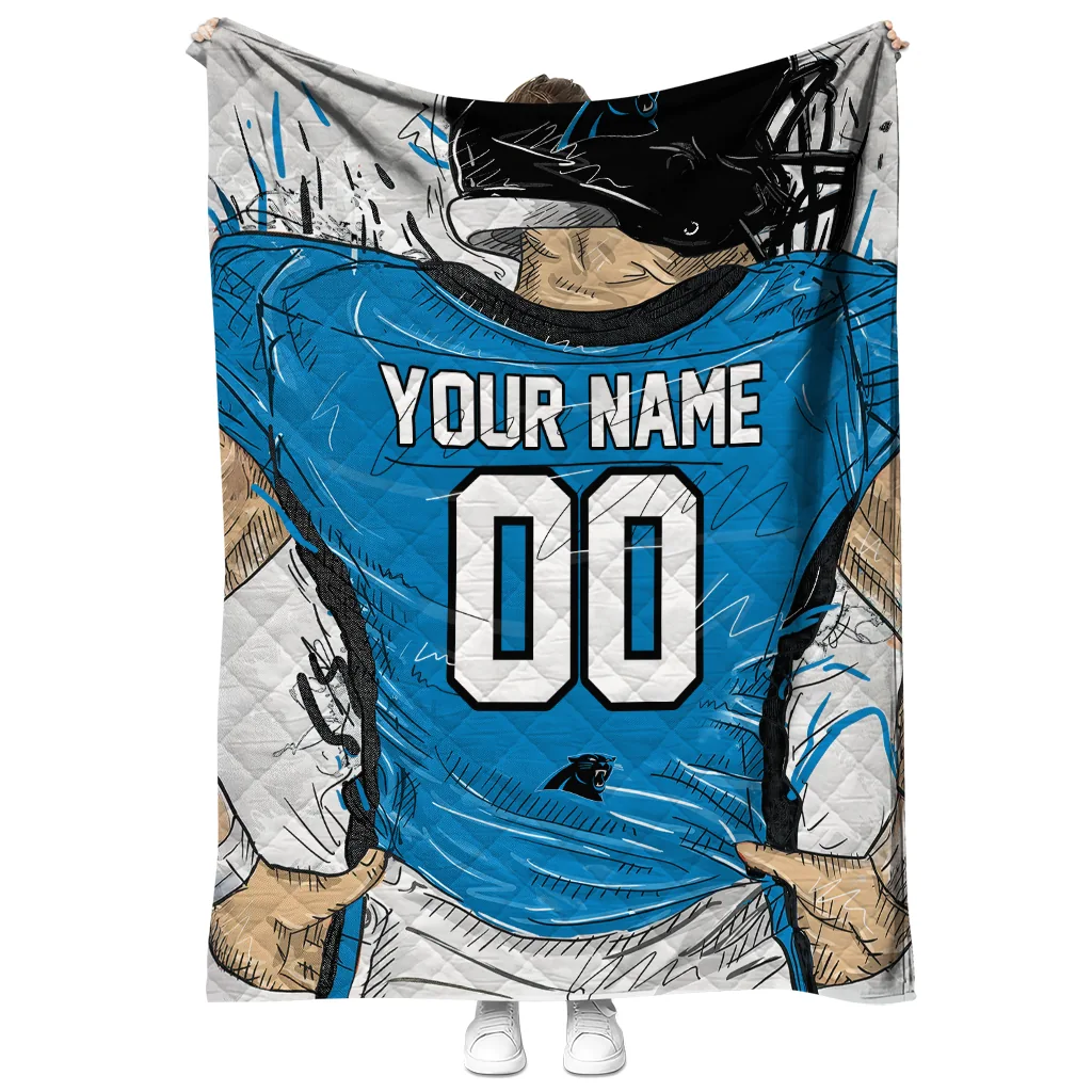 custom carolina panthers player sketch blue gray quilt blanket fashion forward