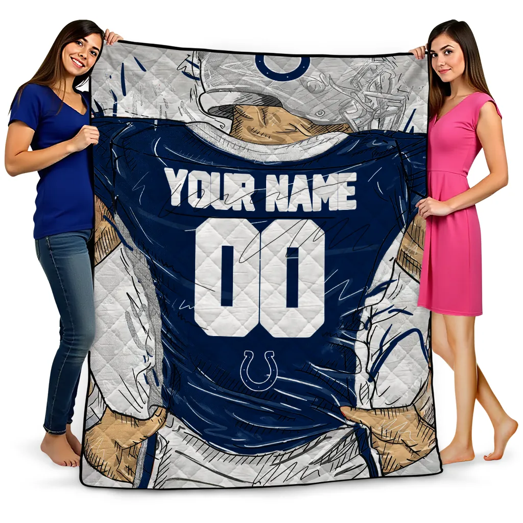 custom indianapolis colts player sketch blue gray quilt blanket best selling
