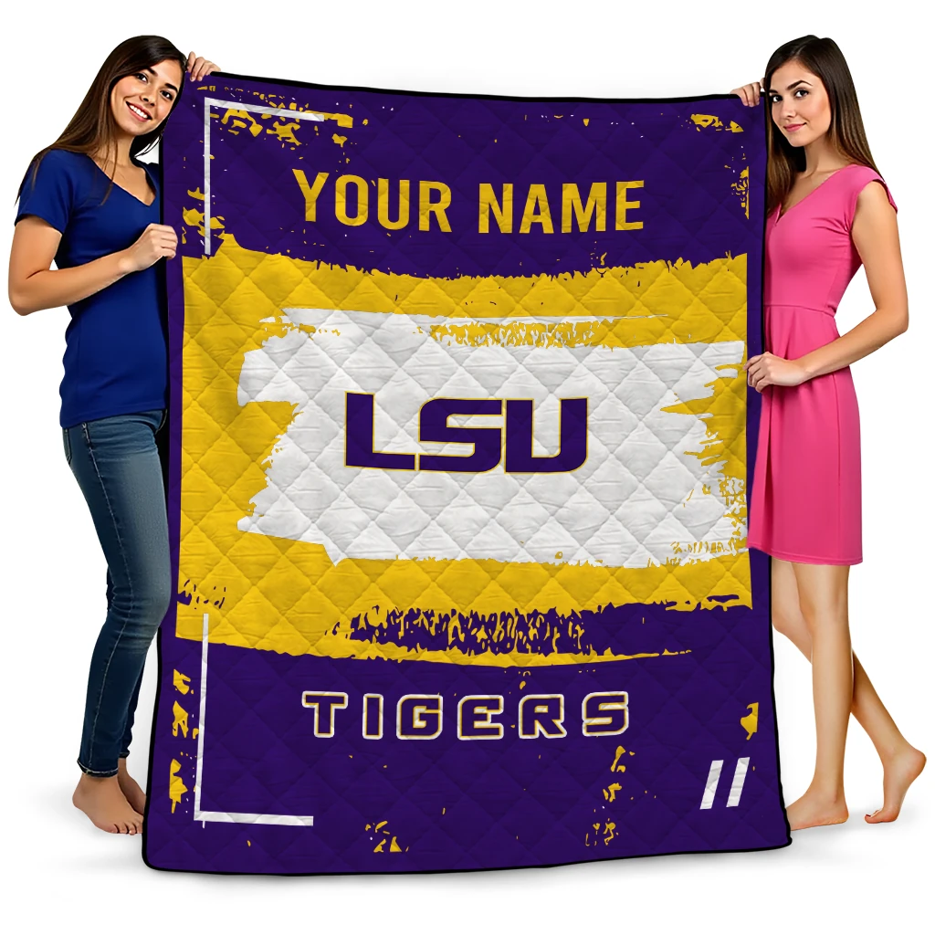 custom lsu tigers grunge patch purple white quilt blanket best selling