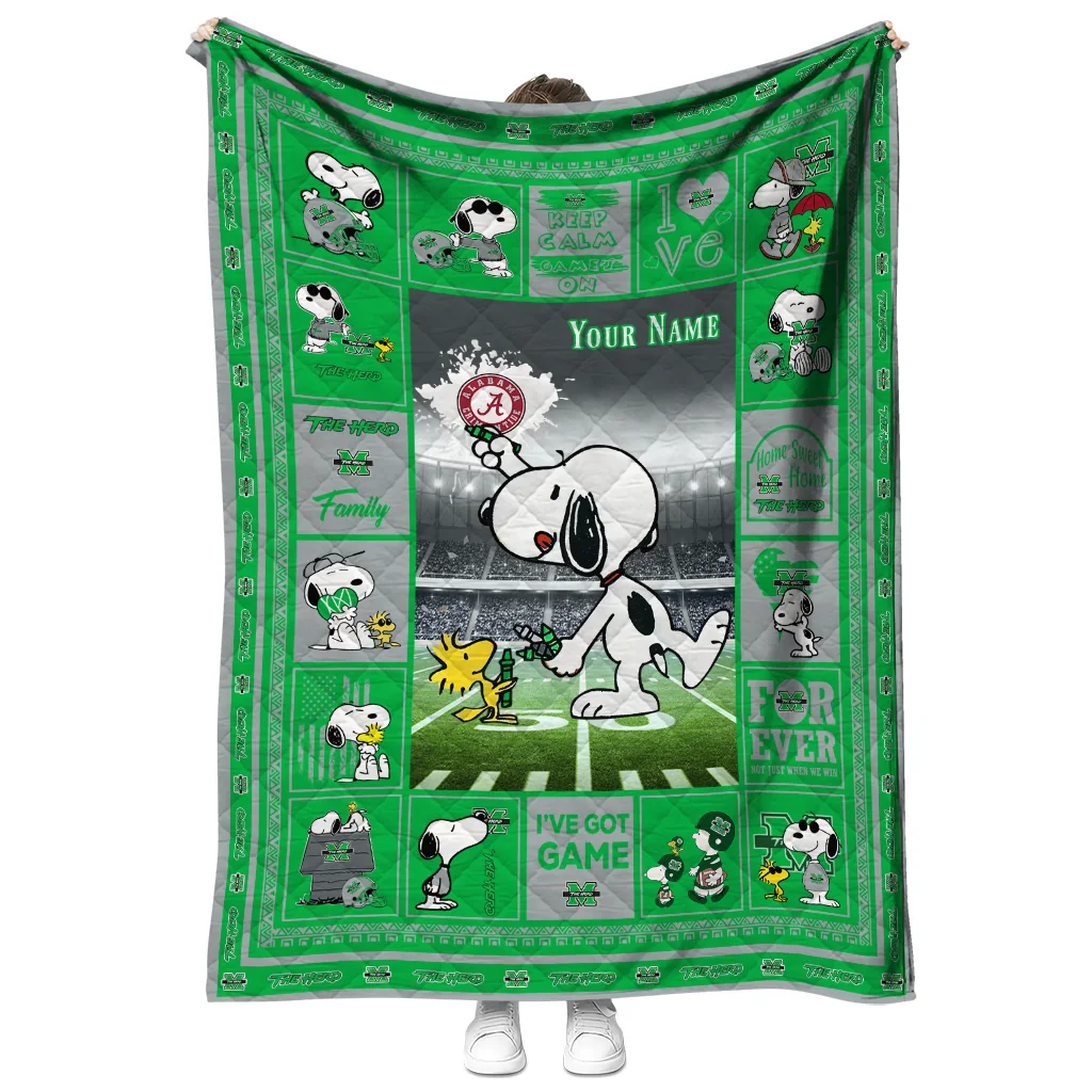 custom marshall thundering herd snoopy coach green quilt blanket fashion forward