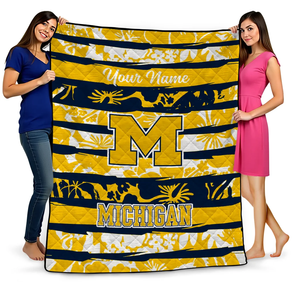 custom michigan wolverines layered florals blue white quilt blanket best selling