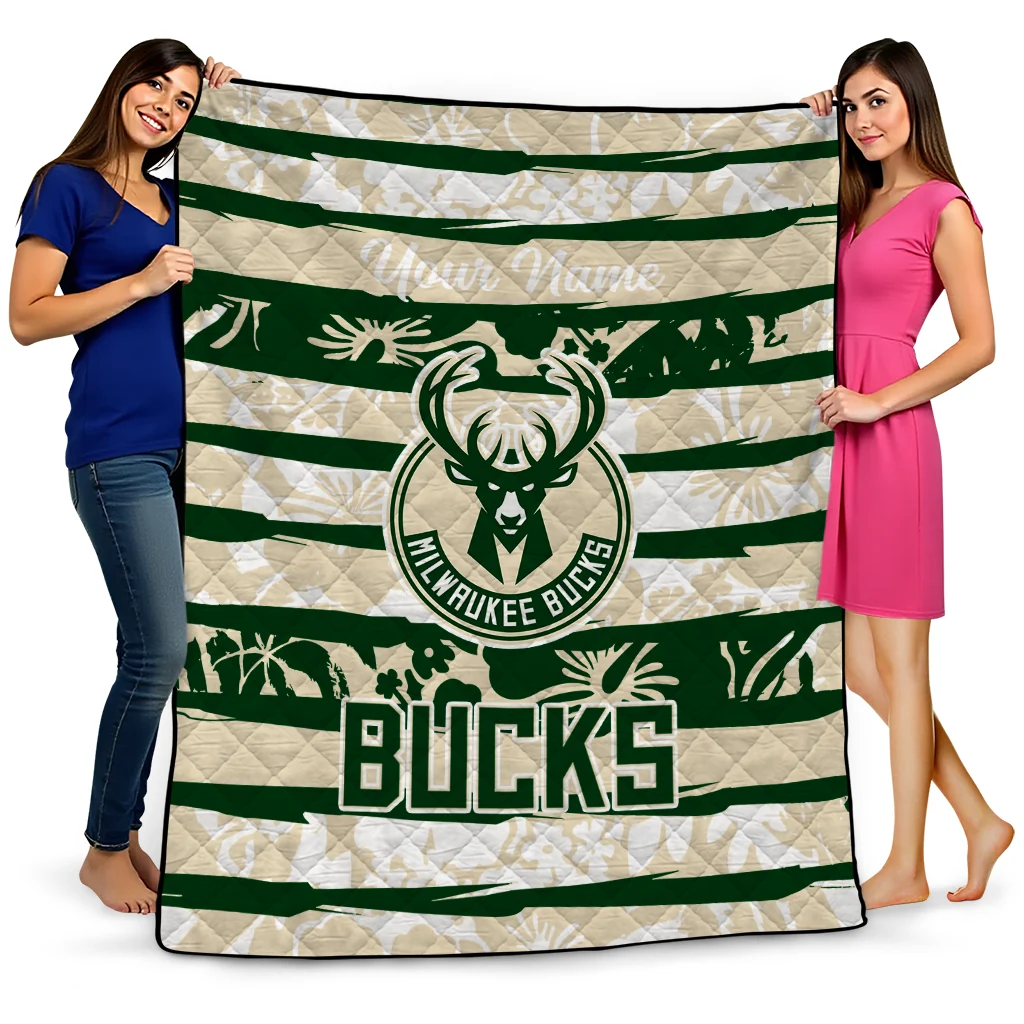 custom milwaukee bucks layered florals green white quilt blanket best selling