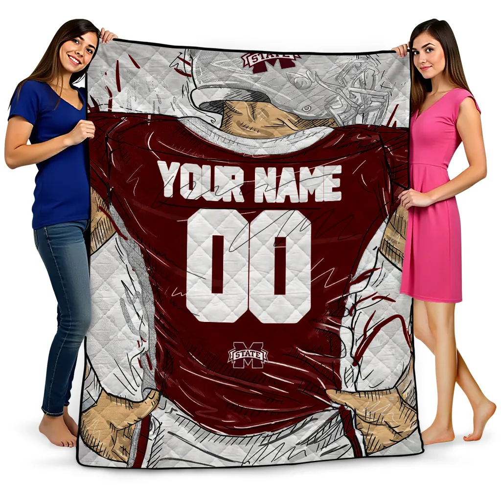 custom mississippi state bulldogs player sketch maroon gray quilt blanket best selling