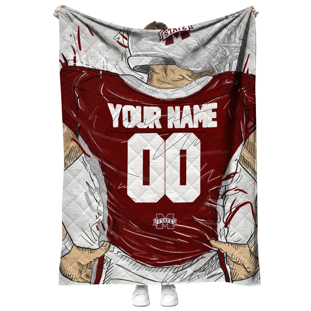 custom mississippi state bulldogs player sketch maroon gray quilt blanket fashion forward