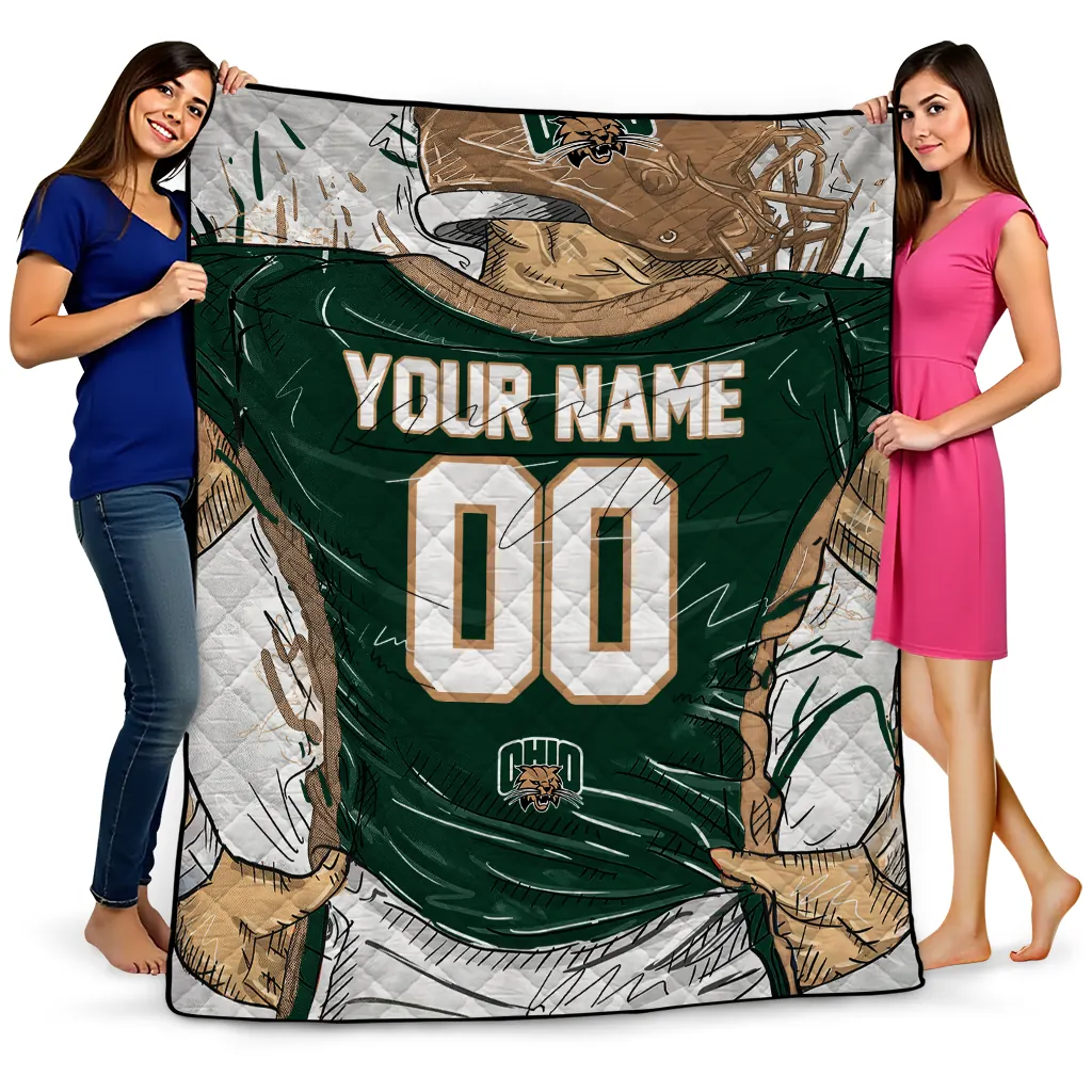 custom ohio bobcats player sketch green gray quilt blanket best selling