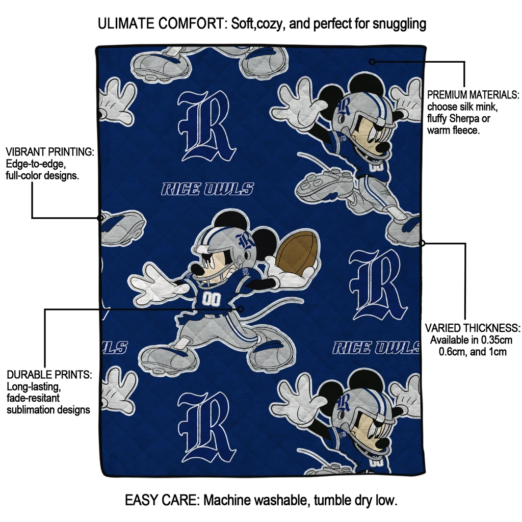 custom rice owls mickey football navy blue quilt blanket latest model custom rice owls mickey football navy blue quilt blanket latest model
