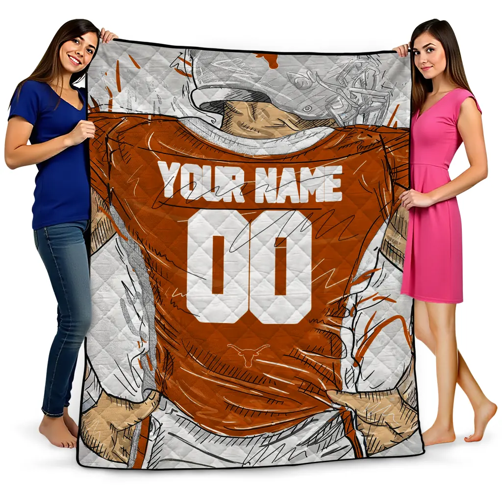 custom texas longhorns player sketch orange gray quilt blanket best selling