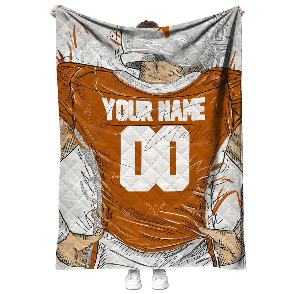 custom texas longhorns player sketch orange gray quilt blanket fashion forward